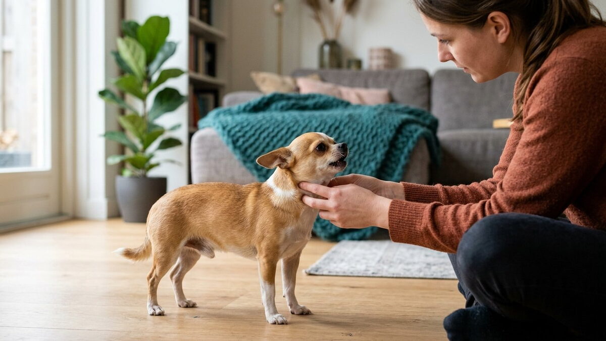Kleine hond staat met gestrekte nek terwijl het baasje met twee vingers rustig over zijn keel strijkt