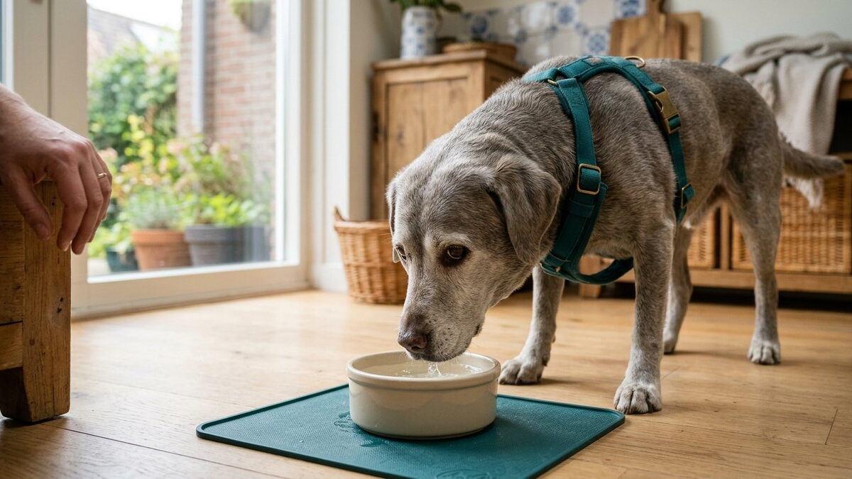 Oudere labrador drinkt op de keukenvloer uit een bijna lege waterbak op een zeegroene mat