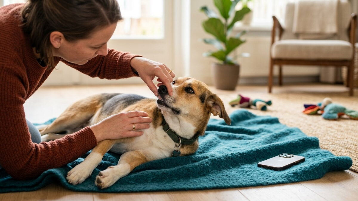 Baasje zit op de vloer naast een hond op een zeegroene deken en tilt zijn lip op om naar het roze tandvlees te kijken