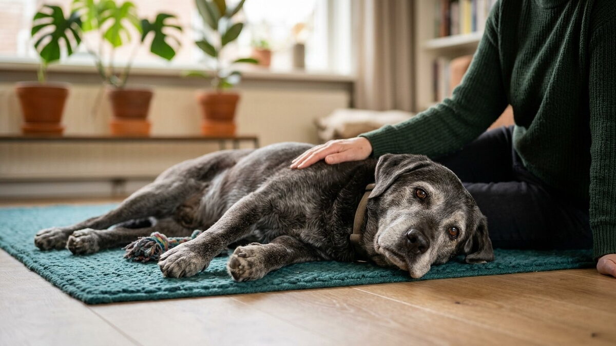 Oudere hond met een grijze snuit ligt met een licht scheve kop op een zacht kleed, het baasje zit ernaast met een hand op zijn flank