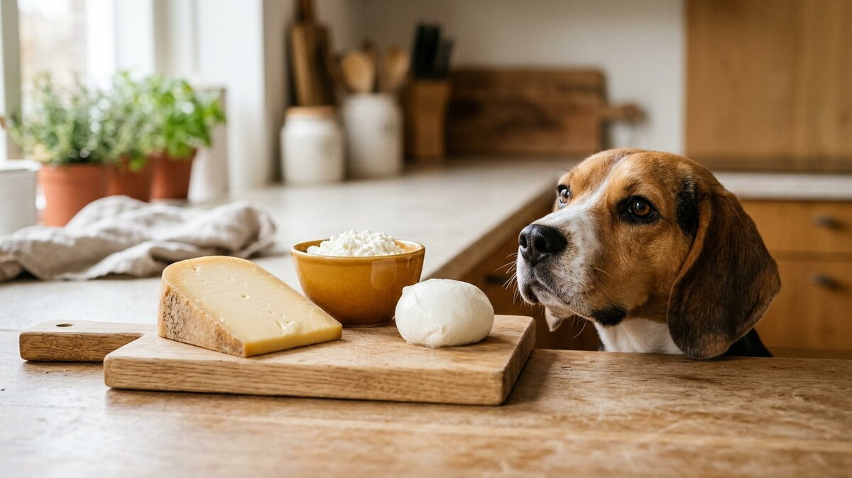 Plankje met jonge Goudse kaas, een schaaltje hüttenkäse en mozzarella, met een hondenneus aan de rand