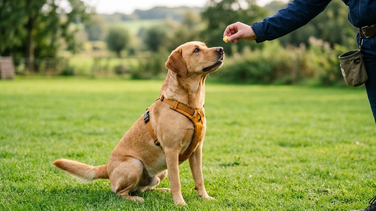 Hand geeft een piepklein stukje kaas aan een zittende hond op een grasveld tijdens de training