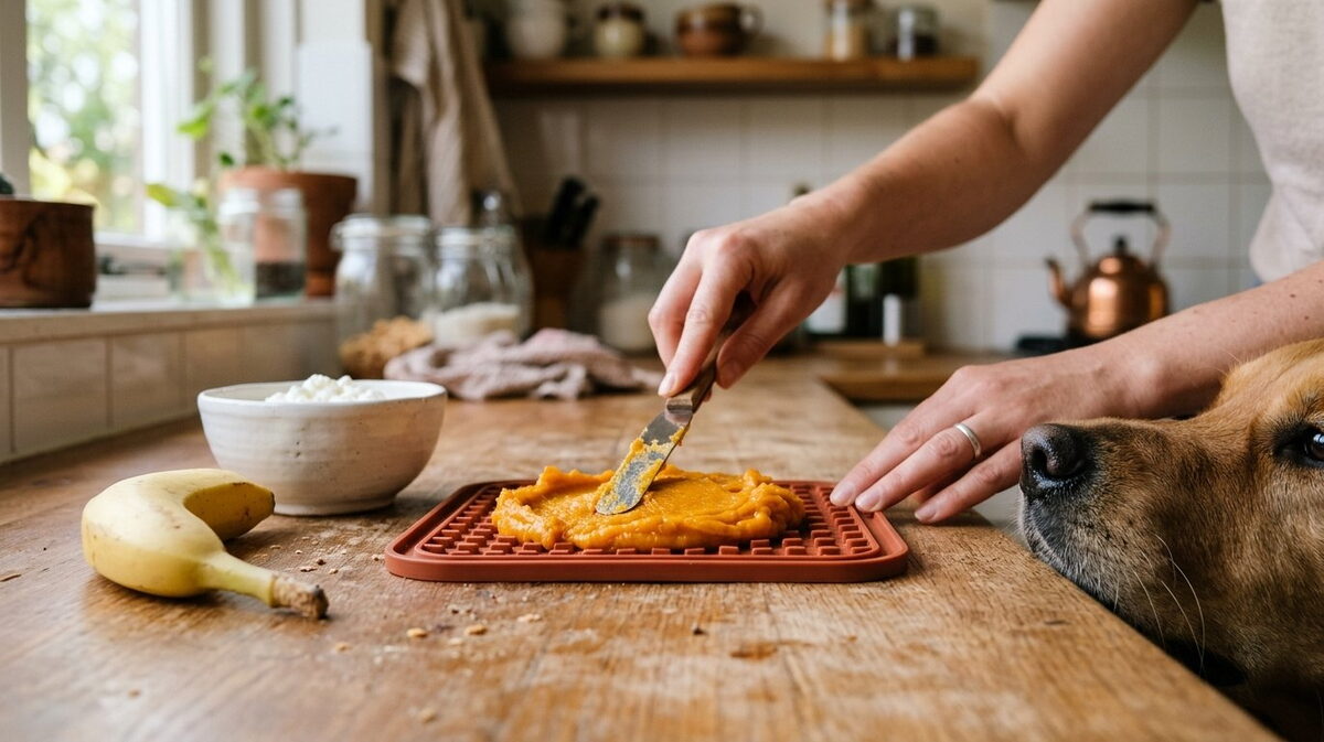 Handen smeren gepureerde pompoen met een spatel in de groefjes van een rode likmat