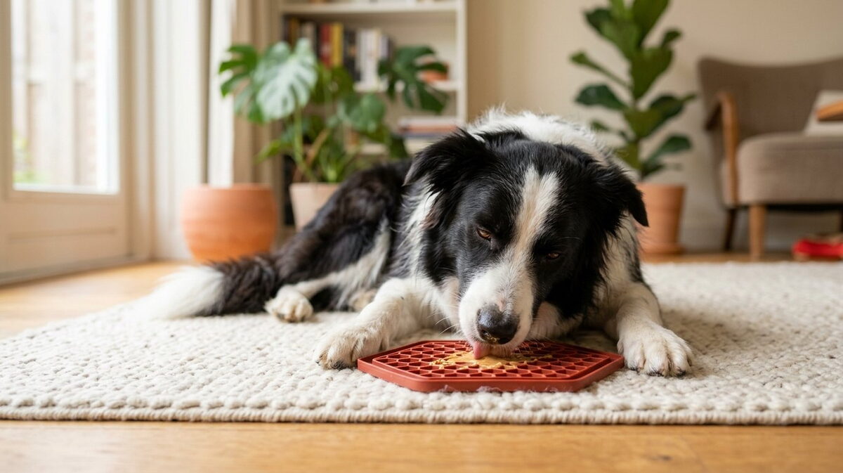 Border Collie ligt rustig op een kleed en likt aan een gevulde likmat
