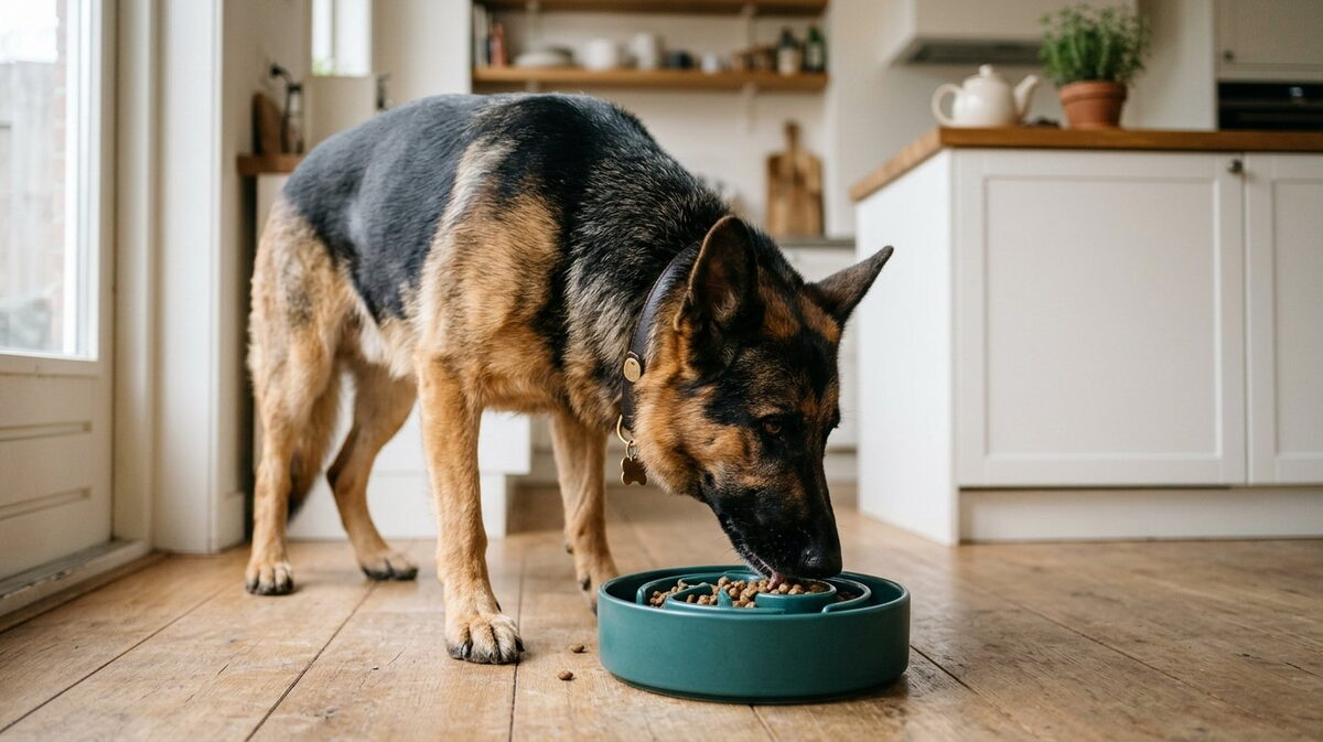 Rustige Duitse Herder eet kalm brokken uit een zware zeegroene keramieken anti-schrokvoerbak die plat op de houten keukenvloer staat
