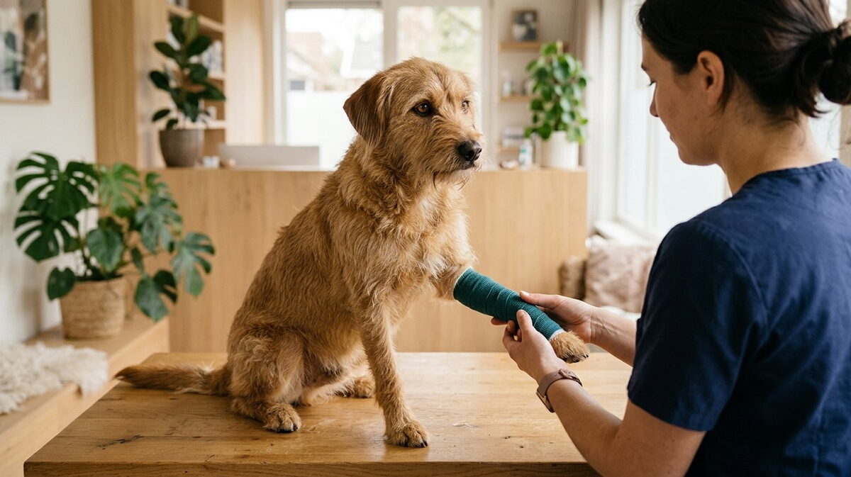 Dierenarts ondersteunt op de behandeltafel de voorpoot van een hond met een netjes aangelegd zeegroen drukverband
