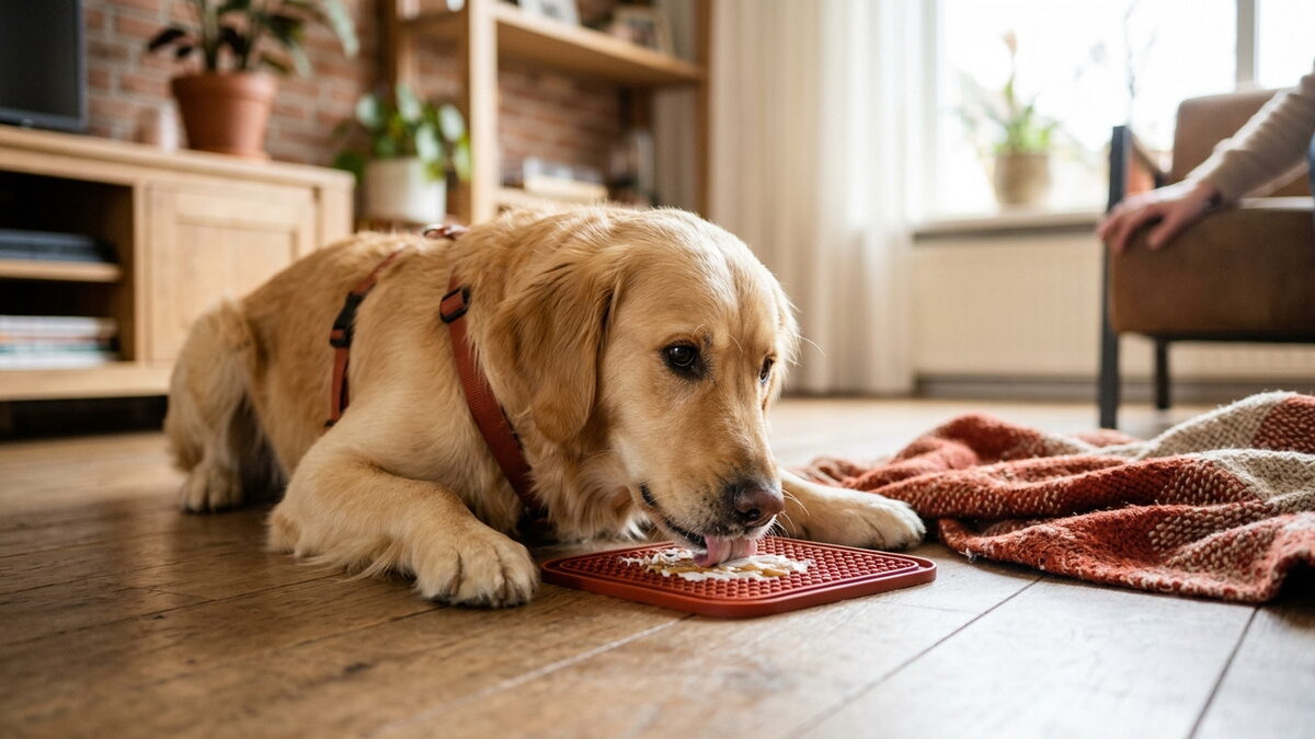 Golden Retriever likt ontspannen yoghurt en pindakaas van een likmat op een houten vloer