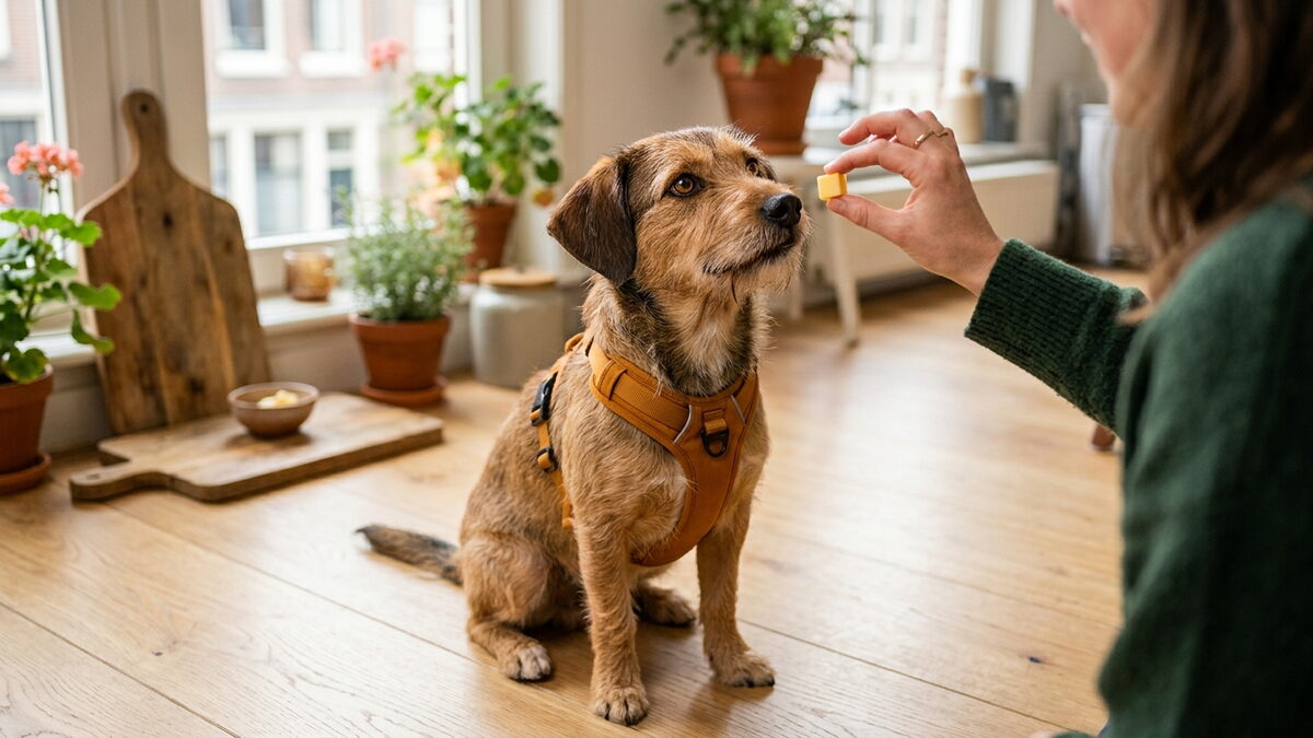 Hond met een okergeel Y-tuigje kijkt aandachtig naar een klein blokje Goudse kaas als trainingsbeloning