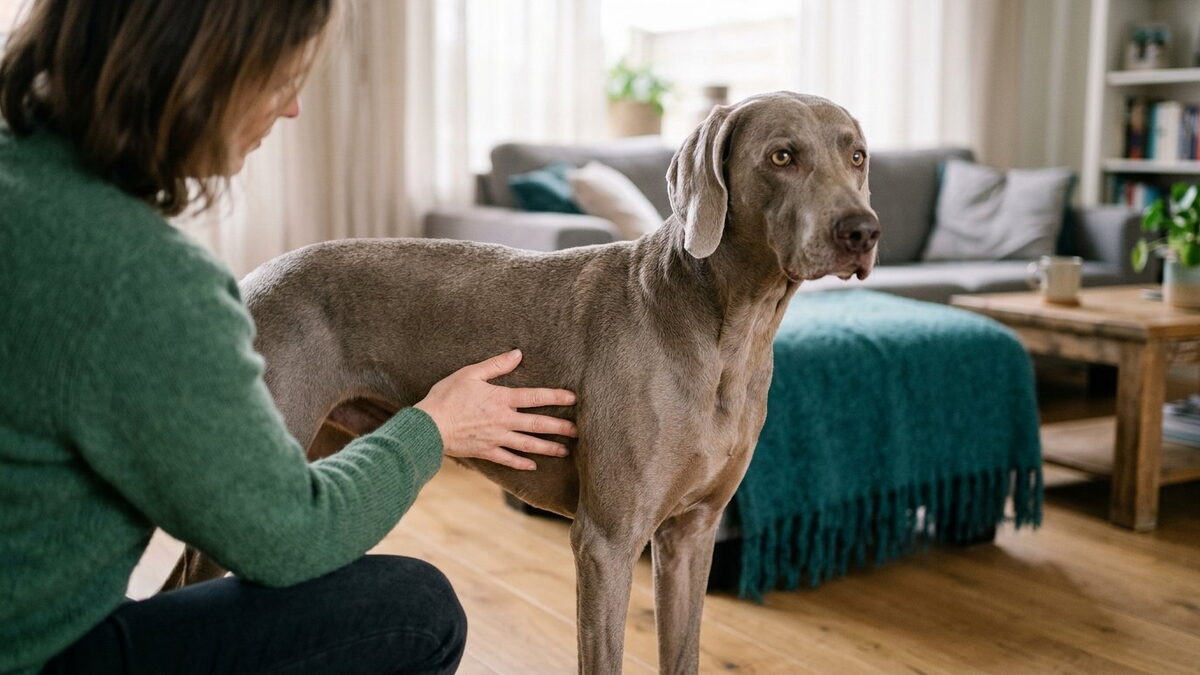 Baasje knielt in de woonkamer naast een staande Weimaraner en voelt voorzichtig met beide handen aan de linkerflank achter de ribbenboog