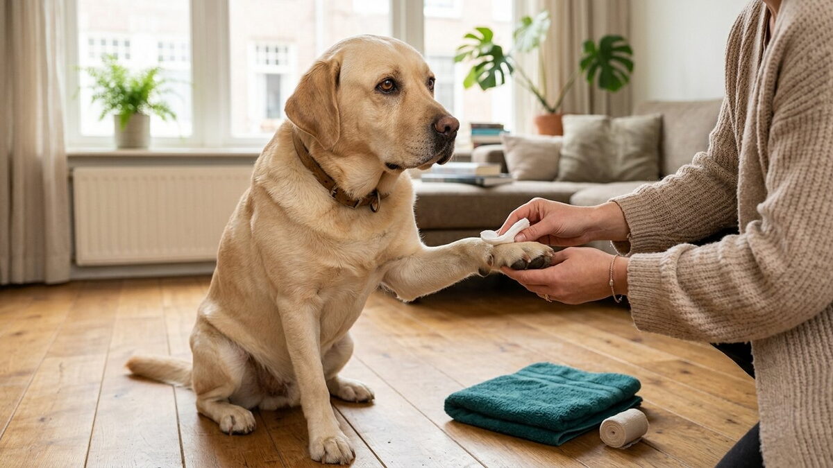 Rustige labrador geeft zijn voorpoot aan zijn baasje, dat met een schoon gaasje naar het voetzoolkussentje kijkt