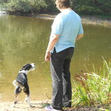 scotty met het vrouwtje kijken in het water.scotty 1 jaar