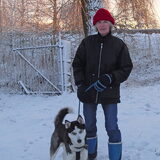 Samen met Kayak in de sneeuw, in de vroege ochtend.