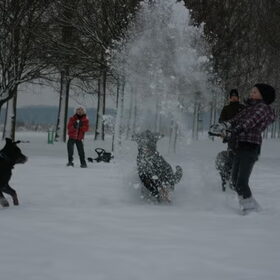 met z'n allen plezier in de sneeuw