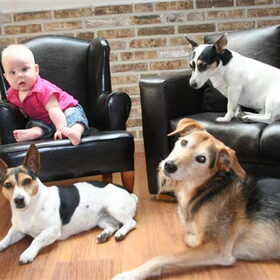 Dixie met haar halfzusje BamBam, Pebbles en baby Anouk